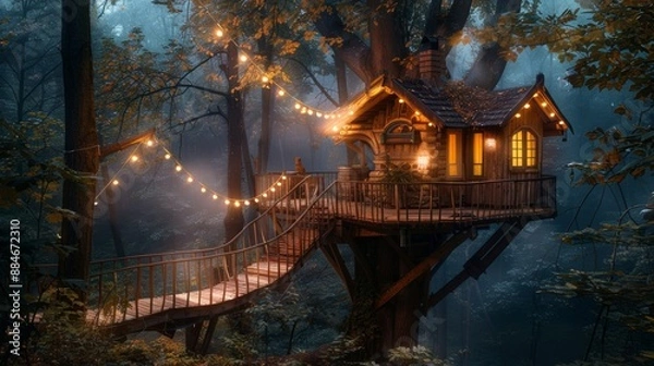 Fototapeta A tree house sits on a beautiful rooftop. with lights on the tree deck Blurry tree house in the forest at night. Digital art.