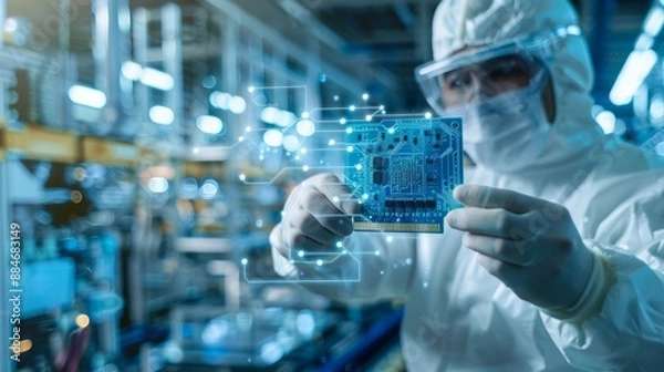 Fototapeta Male engineer in sterile suit holding microchip with symbol in modern design factory Futurism and Artificial Intelligence