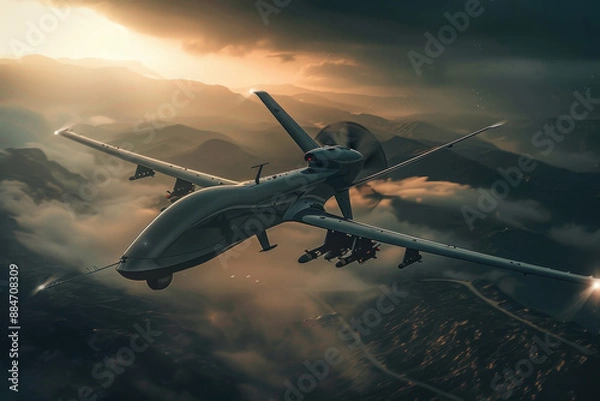 Fototapeta Military and security drone, designed for surveillance, reconnaissance, and potential weapon deployment