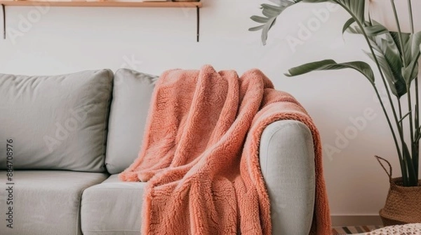 Fototapeta A couch with a blanket draped over it and a potted plant in the background