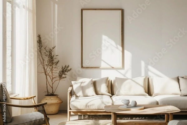 Fototapeta Simple and cozy minimalist room with a sofa, coffee table, chair, and framed poster above, against a white or creamy backdrop
