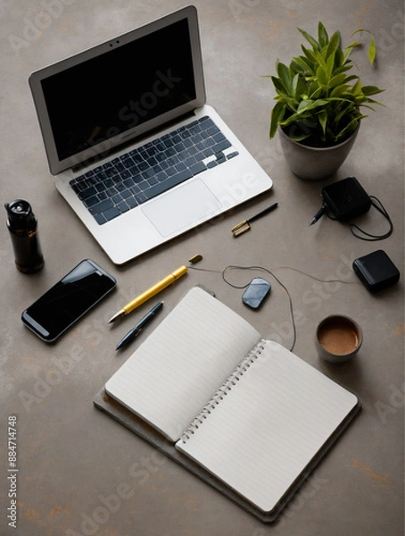 Fototapeta desk, a computer, keyboard, mouse, monitor, notebook, pen, pencil for down notes. organized with a stapler, paper clips, sticky notes, and a desk lamp, lit, include a coffee mug, pictures, plant