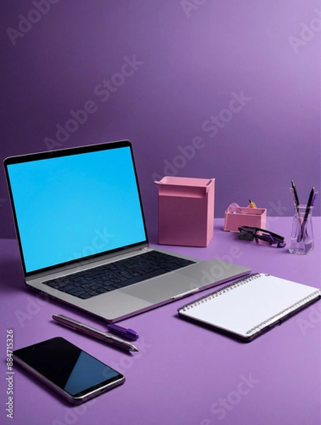 Fototapeta desk, a computer, keyboard, mouse, monitor, notebook, pen, pencil for down notes. organized with a stapler, paper clips, sticky notes, and a desk lamp, lit, include a coffee mug, pictures, plant
