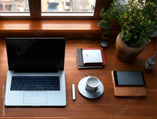 Fototapeta desk, a computer, keyboard, mouse, monitor, notebook, pen, pencil for down notes. organized with a stapler, paper clips, sticky notes, and a desk lamp, lit, include a coffee mug, pictures, plant