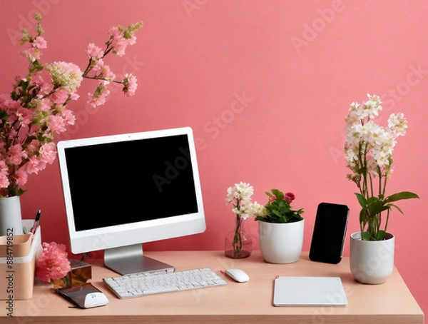 Fototapeta desk, a computer, keyboard, mouse, monitor, notebook, pen, pencil for down notes. organized with a stapler, paper clips, sticky notes, and a desk lamp, lit, include a coffee mug, pictures, plant