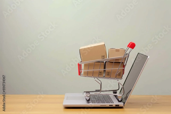 Fototapeta Online shopping concept with cart full of boxes on top of laptop computer