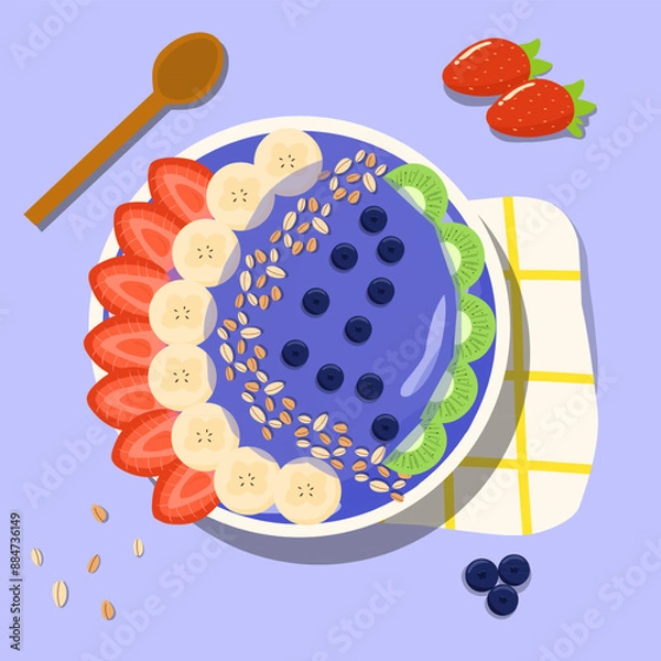 Fototapeta Illustration vector graphic of blueberry acai smoothie bowl with banana, blueberries, strawberries and oats vector top view 
