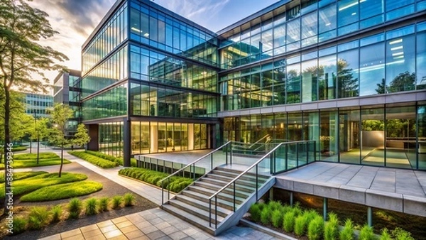 Fototapeta Modern sleek glass building with multiple entrance points and staircases, surrounded by lush greenery and urban landscape atmosphere.