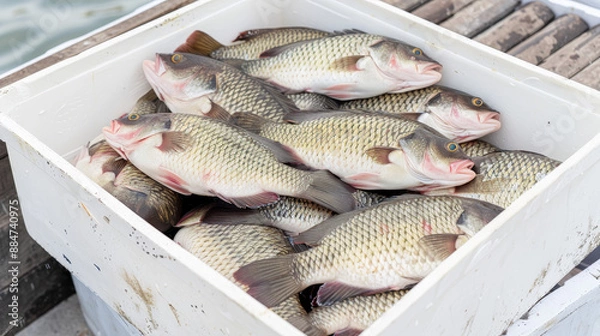 Fototapeta Close-up of Live Nile Tilapia in Styrofoam Box