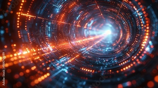 Fototapeta Futuristic Digital Tech Rings Against Dark Backdrop: 3D Data Visualization