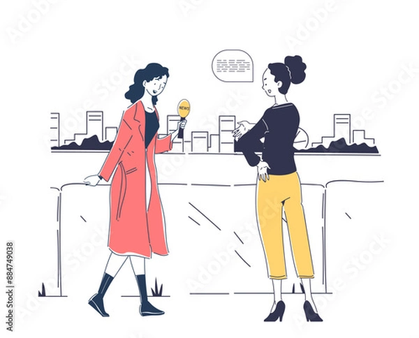 Fototapeta Interviews woman concept. Journalist asks questions to popular young girl. Broadcasting and reporting. Mass media and journalism. Linear vector illustration isolated on white background