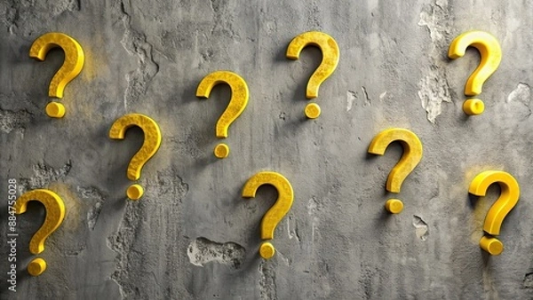 Fototapeta Yellow question marks against a gray wall , uncertainty, confusion, problem, solution, mystery, unknown, ask, query, information