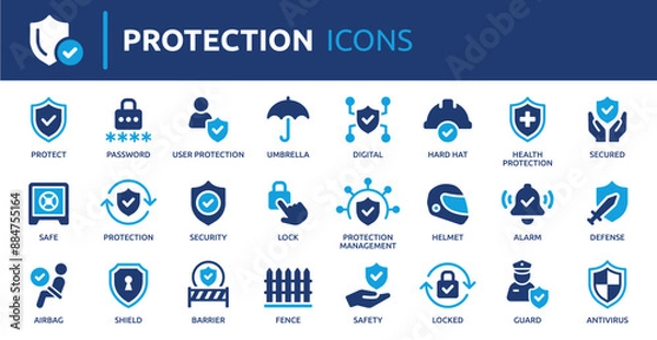 Fototapeta Protection icon set. Containing safe, shield, lock, security, alarm, umbrella, guard, fence and more. Solid vector icons collection. 