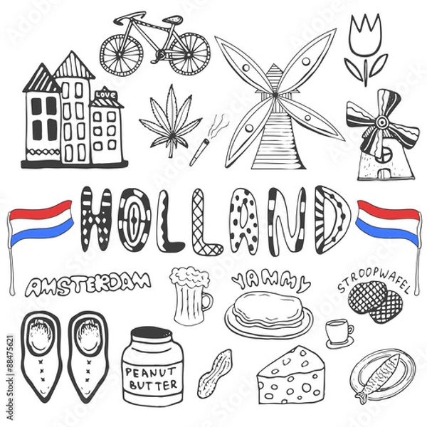 Obraz Doodle hand drawn collection of Holland icons. Netherlands culture elements for design. Vector illustration with travel objects.