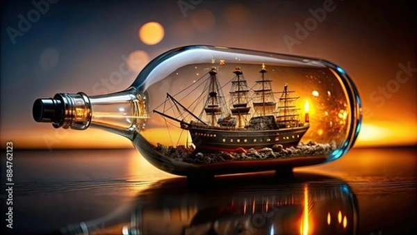Fototapeta Ship in a bottle with intricate details and small size, ship, bottle, miniature, model, craft, nautical, sailing, sea, art
