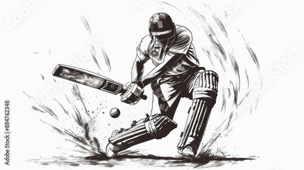 Fototapeta A man in uniform playing cricket on white background. Sketch illustration. 
