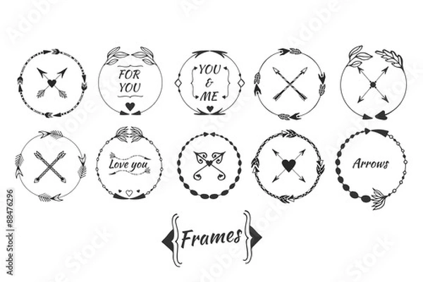 Fototapeta Big set of arrow frames and tribal border. Ethnic collection with decorative elements, round labels. Ink hand drawn illustration for logo, cards, invitation, wedding, greeting card and web design