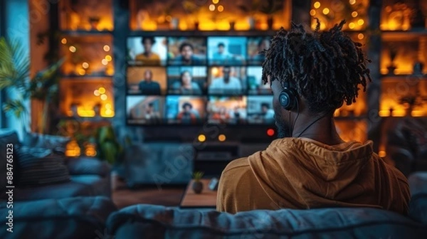 Fototapeta A person participating in a video conference from home, surrounded by a cozy, warmly-lit environment, featuring a large TV screen with multiple participants.