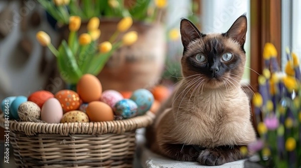 Fototapeta Burmese cat at Easter, adding a touch of festivity and charm