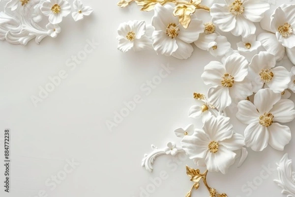 Fototapeta A close-up shot of a white floral molding design on a white wall. The molding is in the shape of a branch with leaves and flowers, with gold accents