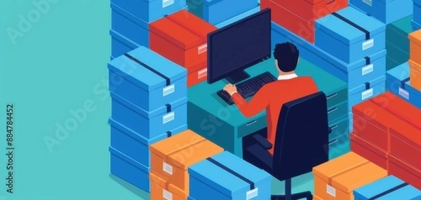 Fototapeta Businessman using a computer, surrounded by organized storage boxes, representing efficient document management.