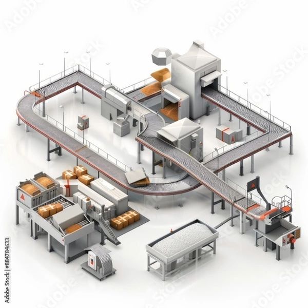 Fototapeta 3D Render, Low Poly style of a food processing plant with conveyor belts and packaging machines, on isolated white background, Generative AI