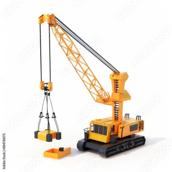 Fototapeta 3D Render, Low Poly style of an industrial crane lifting heavy equipment, on isolated white background, Generative AI