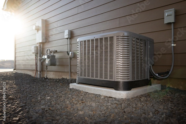 Obraz Modern HVAC air conditioner unit on concrete slab outside of duplex house.