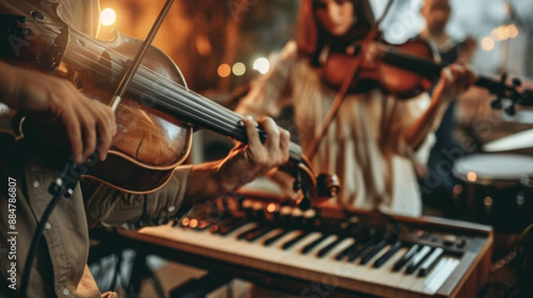 Fototapeta Musicians playing instruments such as guitars, pianos, violins, or drums. Highlight the expression and connection they feel while making music, either alone or in a group.
