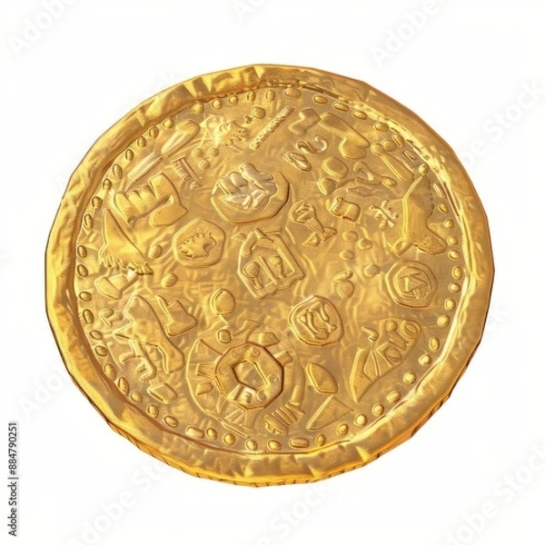 Fototapeta 3D Render, Low Poly style of ancient coin artifact, on isolated white background, Generative AI