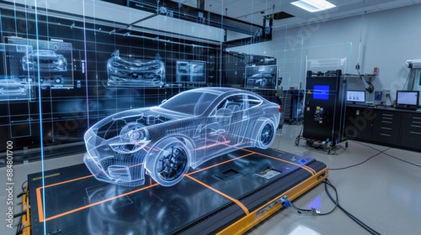 Fototapeta Holographic Automotive Engineering Workshop Featuring Students Designing and Testing Virtual Vehicles and Automotive Technologies with AI Simulations, on White Background