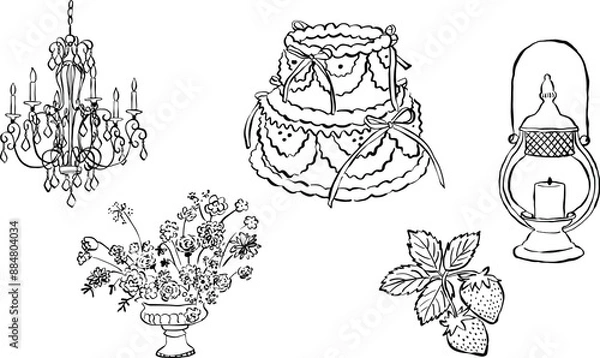 Fototapeta Ilustraciones dibujadas a mano.  Iconos en vector para invitaciones, papelería, diseño. Clipart de amor. Ilustración de candelabro, flores, fresa, pastel, porta velas.