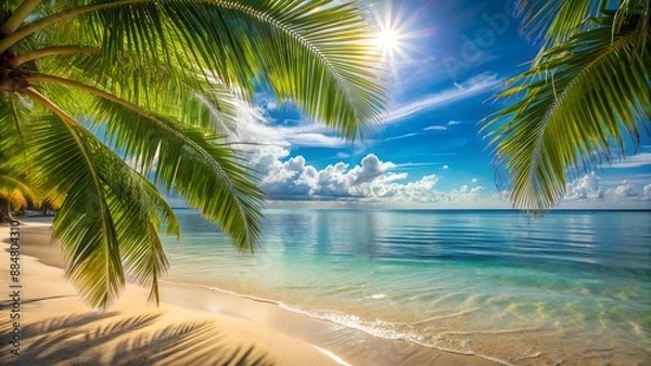 Fototapeta Sunny tropical beach with palm trees and tranquil turquoise waters, perfect for a serene getaway or tropical vacation backdrop.