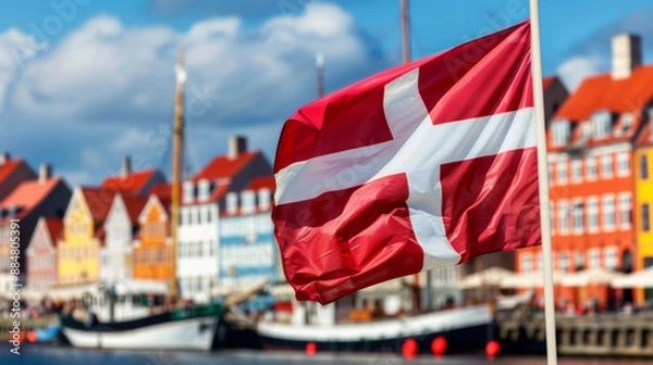 Fototapeta Denmark flag fluttering with colorful Copenhagen waterfront backdrop