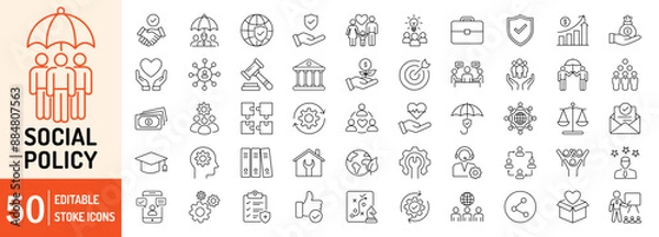 Fototapeta Social Policy editable stroke outline web icons set. Security, government, family, welfare, education, protection, finance, security and support. Vector illustration