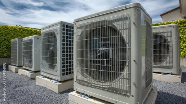 Fototapeta Close-up view of HVAC units, showing detailed components and structure.