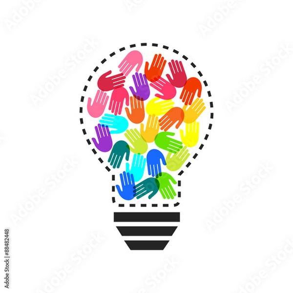 Fototapeta Lightbulb with colorful handprints inside as teamwork and idea concept