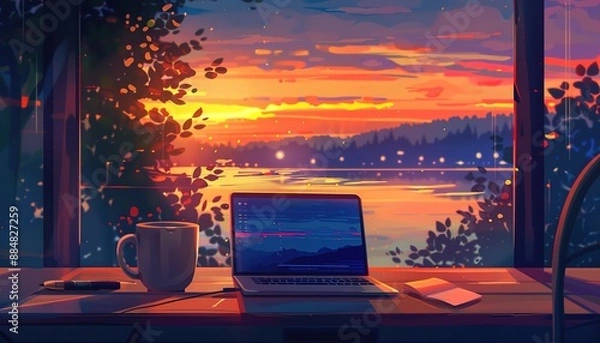 Fototapeta a laptop on a table at cafe with a lake view sunset Lofi anime style, cartoon anime style.