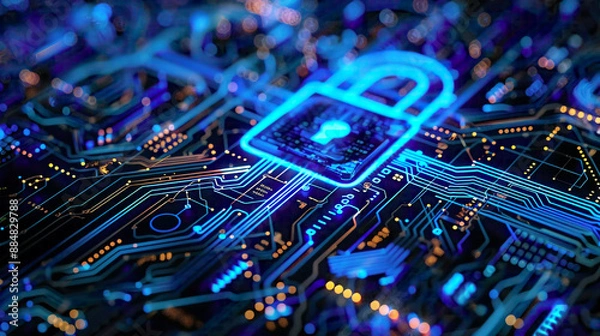 Fototapeta Technology security concept with a lock symbol modern digital safety background featuring blue circuitry and network connections sleek and futuristic design 
