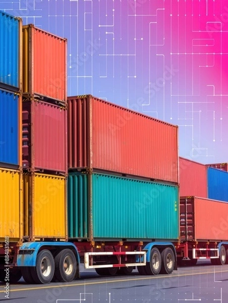 Fototapeta Cargo containers truck driving through industrial port, focus on all objects with deep depth of field, suitable for text, copy space available.