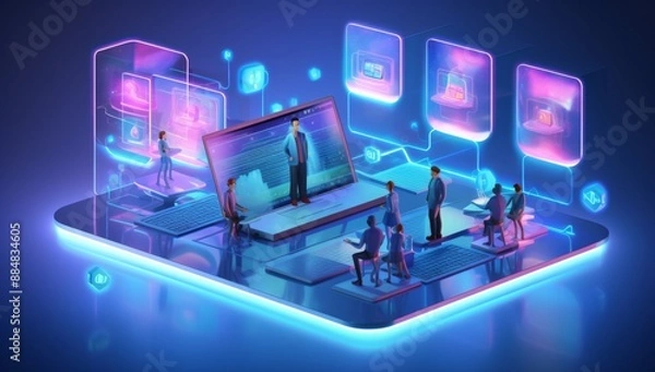 Fototapeta Isometric illustration of business people working on laptops and using digital interfaces, surrounded by various computer screens displaying data or code, all against the backdrop of an abstract techn