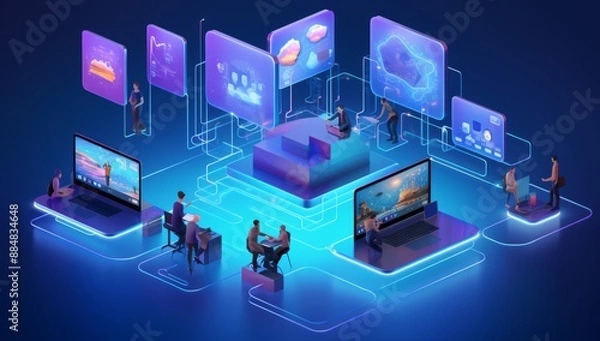 Obraz Isometric illustration of business people working on laptops and using digital interfaces, surrounded by various computer screens displaying data or code, all against the backdrop of an abstract techn