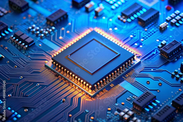 Fototapeta powerful computer processor microchip with the word representing artificial intelligence, AI technology