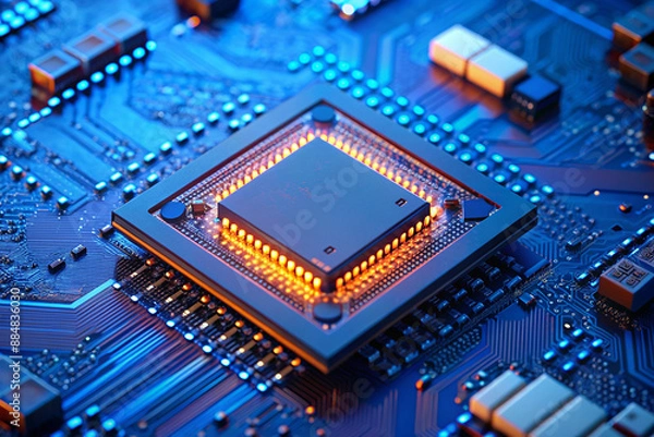 Fototapeta powerful computer processor microchip with the word representing artificial intelligence, AI technology