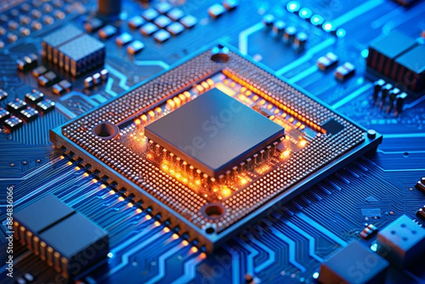 Fototapeta powerful computer processor microchip with the word representing artificial intelligence, AI technology