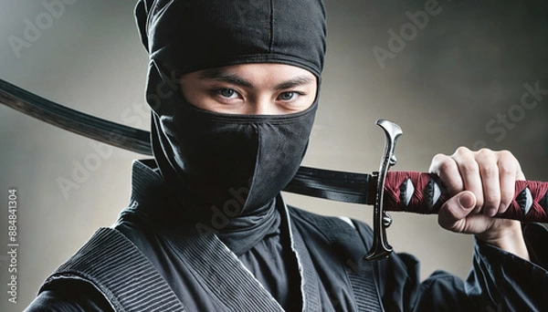 Obraz 忍者。昔の日本。青年。男性一人。片手で刀を持っている。精悍な顔つき。屈強。頭まで覆う頭巾。グループのリーダー。とても強い。とても頭が良い。敵に見つからないように森に潜む。戦いのスペシャリスト。主人に服従。気配を消す。