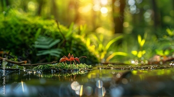 Fototapeta Red ant walking on moss by a pond in the forest