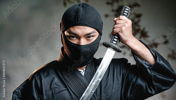 Obraz 忍者。昔の日本。青年。男性一人。片手で刀を持っている。精悍な顔つき。屈強。頭まで覆う頭巾。グループのリーダー。とても強い。とても頭が良い。敵に見つからないように森に潜む。戦いのスペシャリスト。主人に服従。気配を消す。