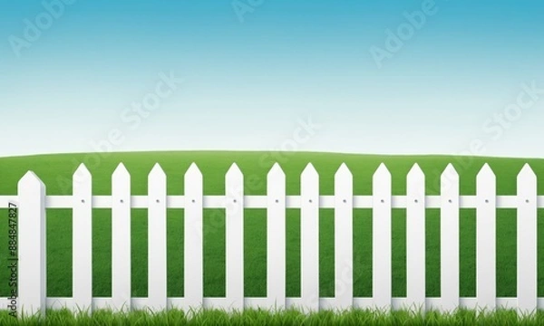 Obraz White picket fence with green grass and blue sky