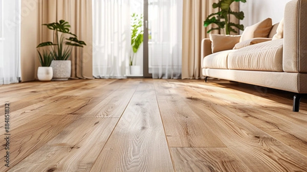 Fototapeta A modern living room with light oak vinyl flooring and matching oak-colored curtains, providing a natural and cohesive look.